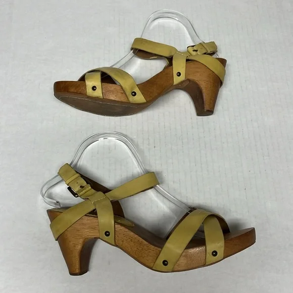 Anthropologie Schuler & Sons Yellow Wood Clog Sandal heel 8.5 Retro Cottagecore - Picture 12 of 16